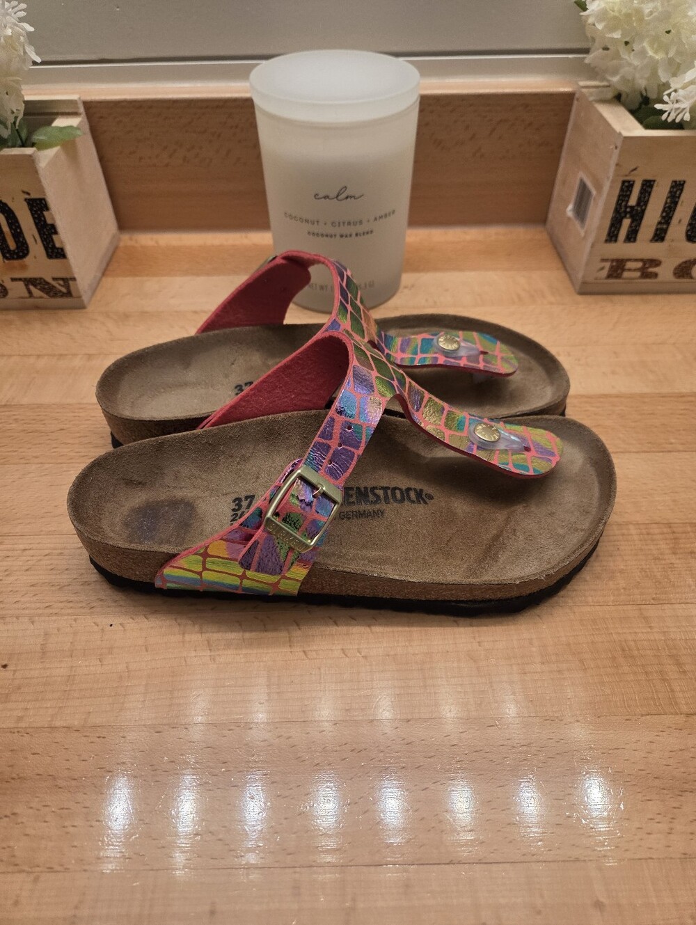 Birkenstock Gizeh Sandals "Gator Gleam Raspberry" Birko-Flor Women's Size EU 37